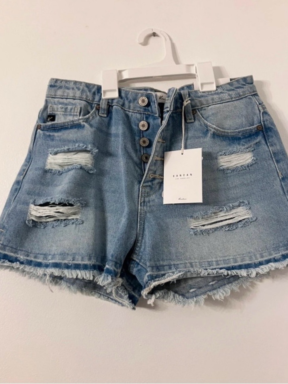 KanCan Medium Wash Distressed High-Rise Denim Shorts